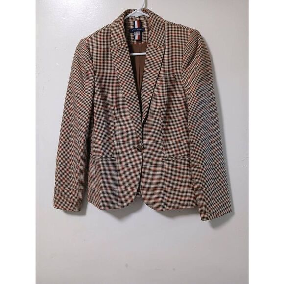 Tommy Hilfiger womens size 4 red camel brown houndstooth 4 season blazer - Picture 1 of 9